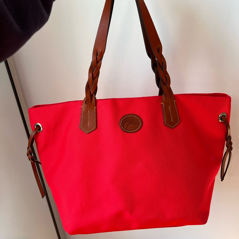 Dooney & Bourke Red Canvas Tote • Brown Leather Trim • Large Shoulder Bag